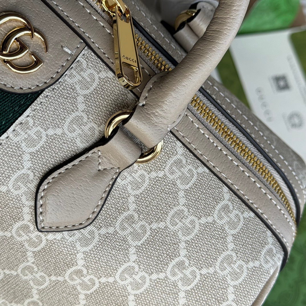 Luxury Gucci OPHIDIA MEDIUM TOP HANDLE BAG 31 IN BEIGE WHITE CANVAS AND OAT CALFSKIN TRIM GOLD HARDWARE