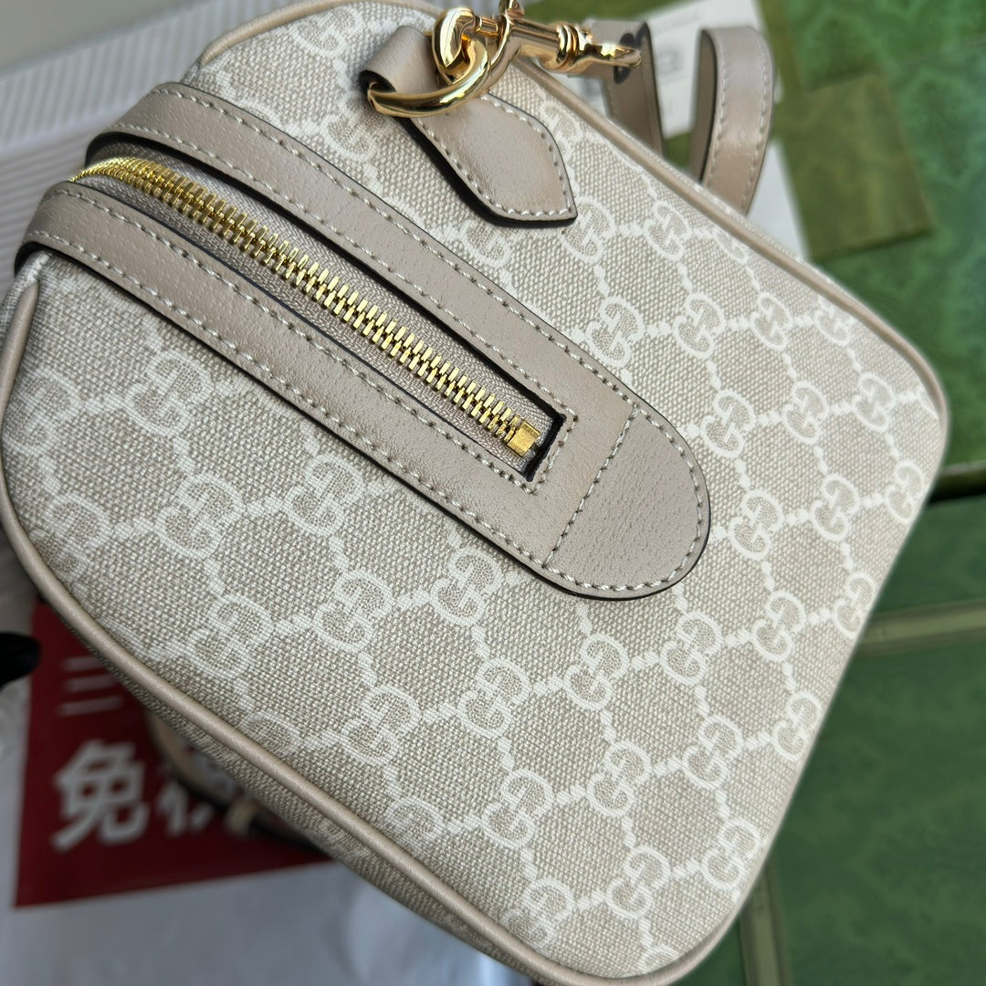 Luxury Gucci OPHIDIA MEDIUM TOP HANDLE BAG 31 IN BEIGE WHITE CANVAS AND OAT CALFSKIN TRIM GOLD HARDWARE