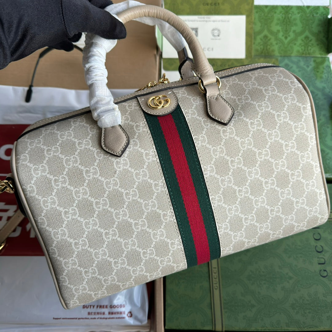 Luxury Gucci OPHIDIA MEDIUM TOP HANDLE BAG 31 IN BEIGE WHITE CANVAS AND OAT CALFSKIN TRIM GOLD HARDWARE