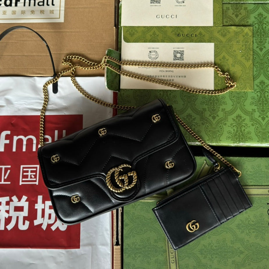 Luxury Gucci gg marmont 21cm black calfskin double g stud gold hardware