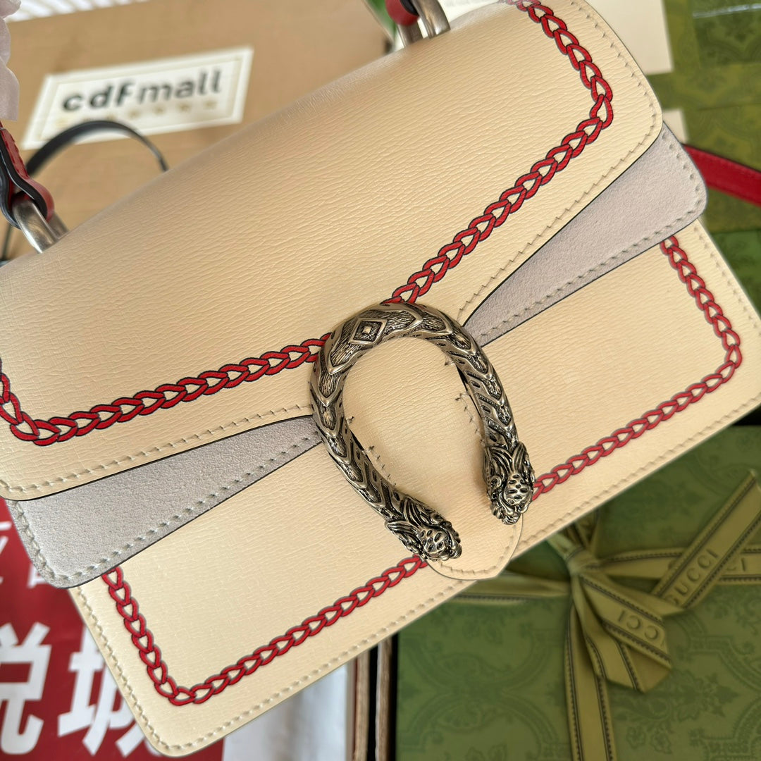 Luxury Gucci DYONYSUS SMALL TOP HANDLE BAG 24 IN BEIGE MIX RED CALFSKIN DRAGON PRINT
