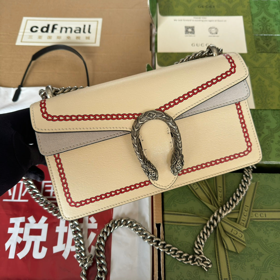 Luxury Gucci DYONYSUS SMALL SHOULDER BAG 25 IN BEIGE MIX RED CALFSKIN DRAGON LOGO PRINT