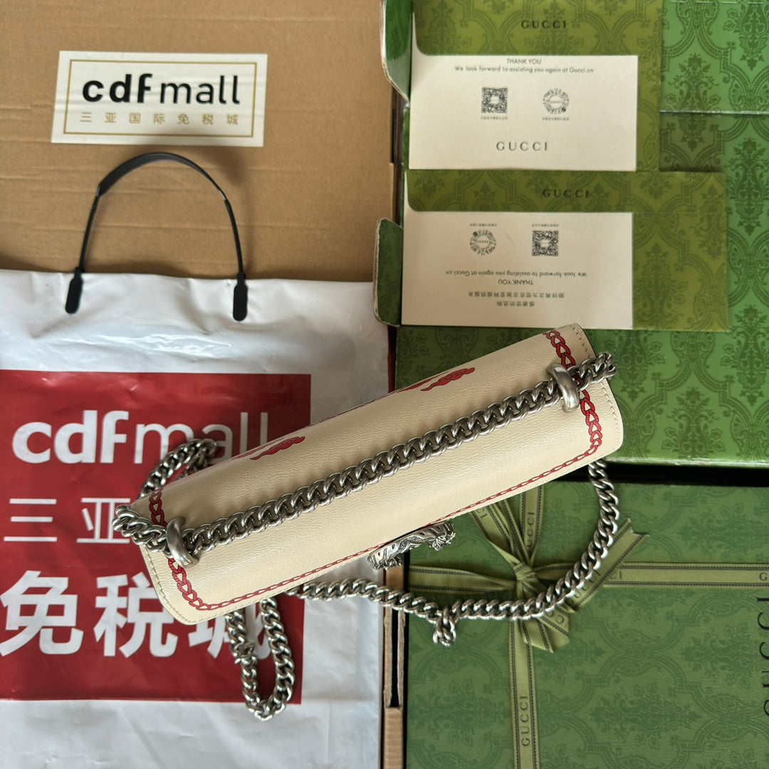 Luxury Gucci DYONYSUS SMALL SHOULDER BAG 25 IN BEIGE MIX RED CALFSKIN DRAGON LOGO PRINT