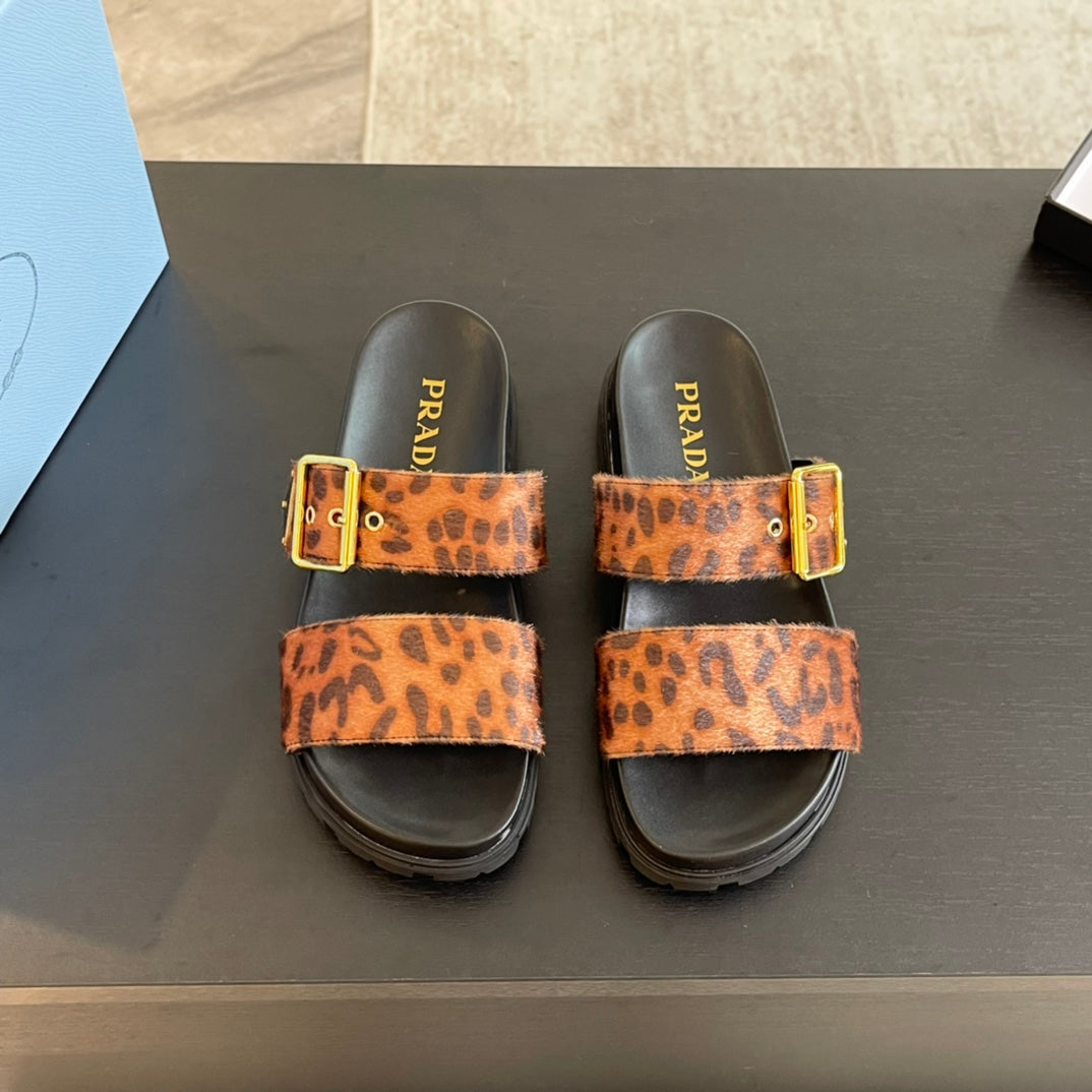 Luxury PradaSLIDES SANDALS BLACK AND LEOPARD MOTIF VELVET