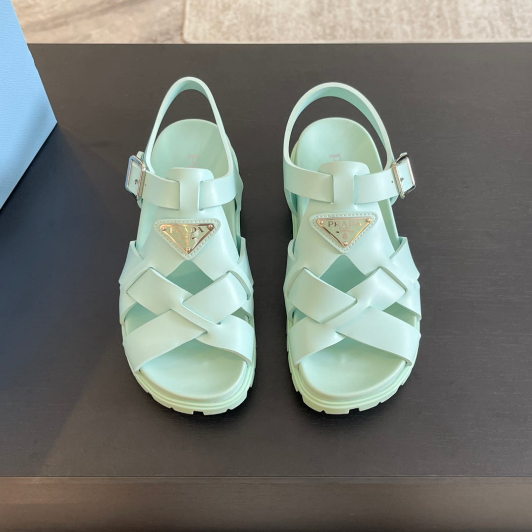 Luxury PradaCRISSCROSS RUBBER SANDALS MINT CALFSKIN