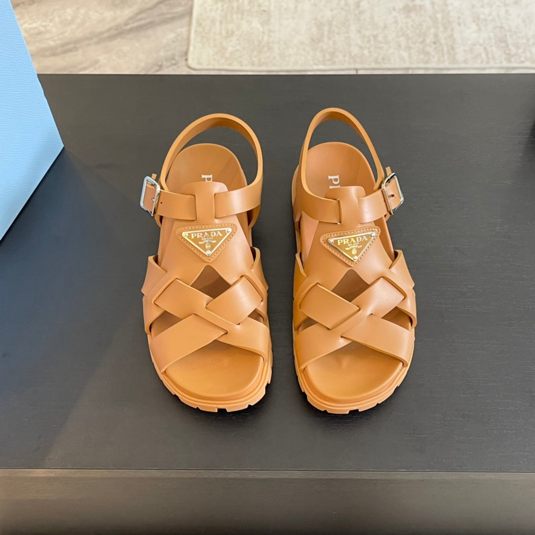 Luxury PradaCRISSCROSS RUBBER SANDALS BRONZE CALFSKIN