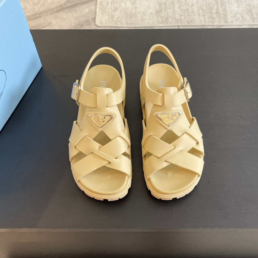 Luxury PradaCRISSCROSS RUBBER SANDALS CREAM CALFSKIN