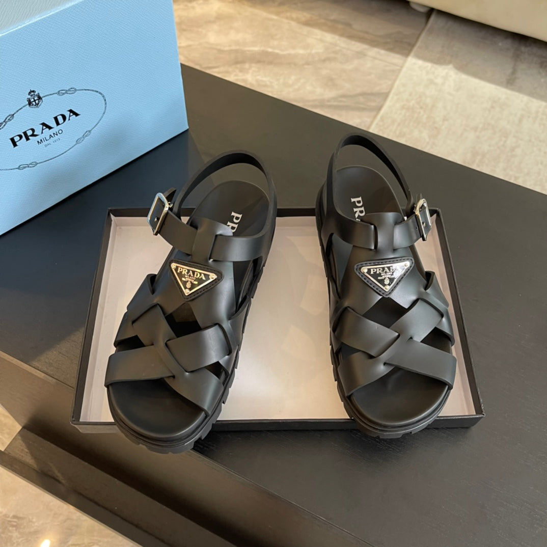 Luxury PradaCRISSCROSS RUBBER SANDALS BLACK CALFSKIN