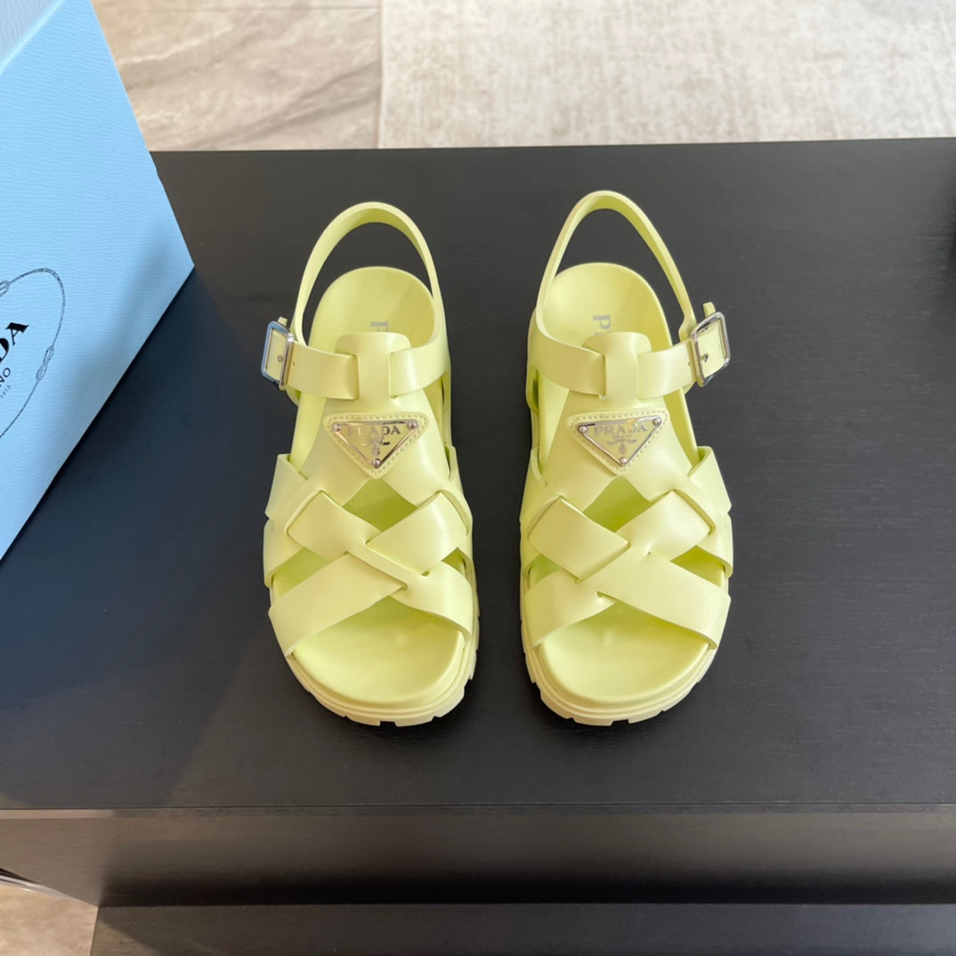 Luxury PradaCRISSCROSS RUBBER SANDALS LIME CALFSKIN