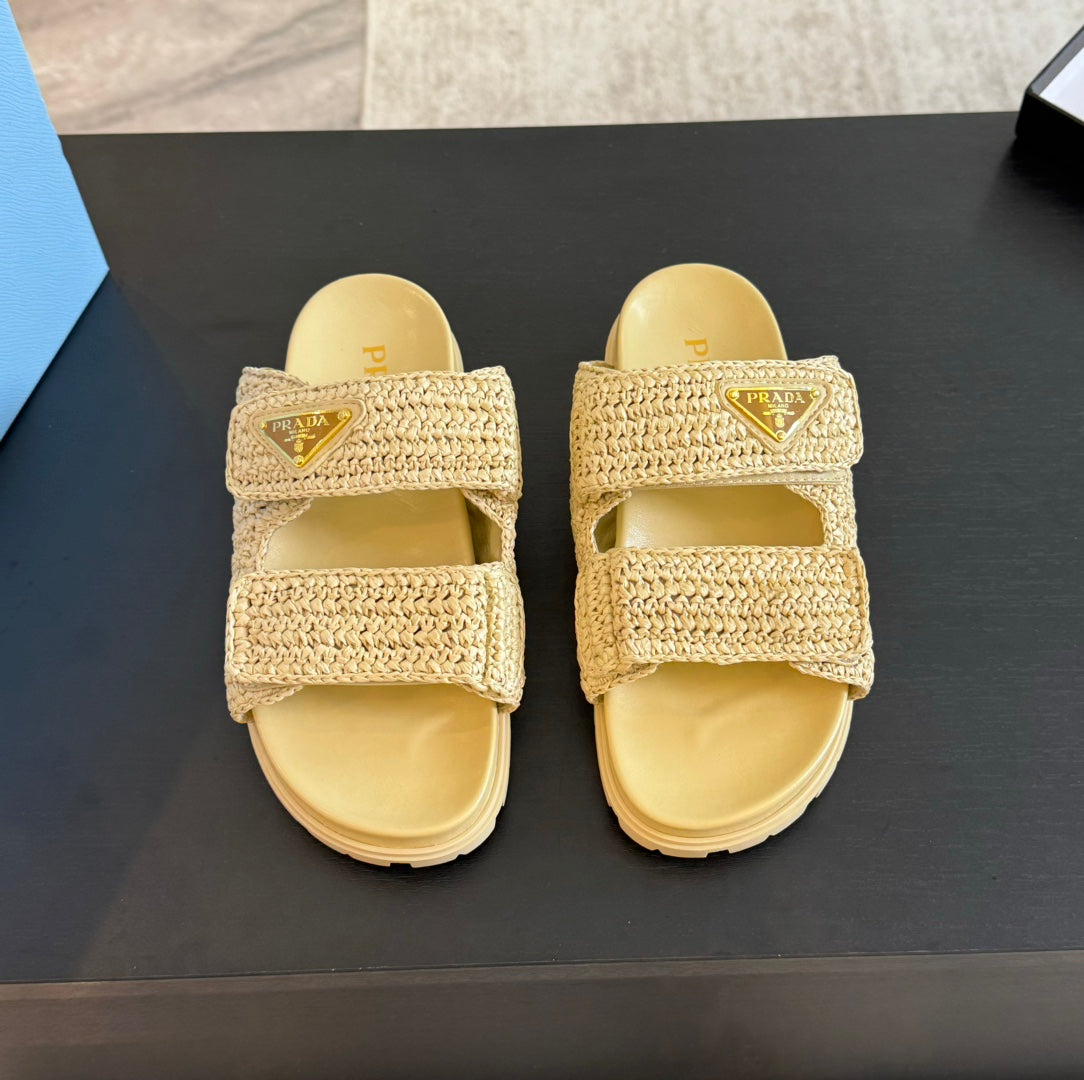 Luxury PradaRAFFIA CORK SLIDE PASTEL YELLOW CALFSKIN