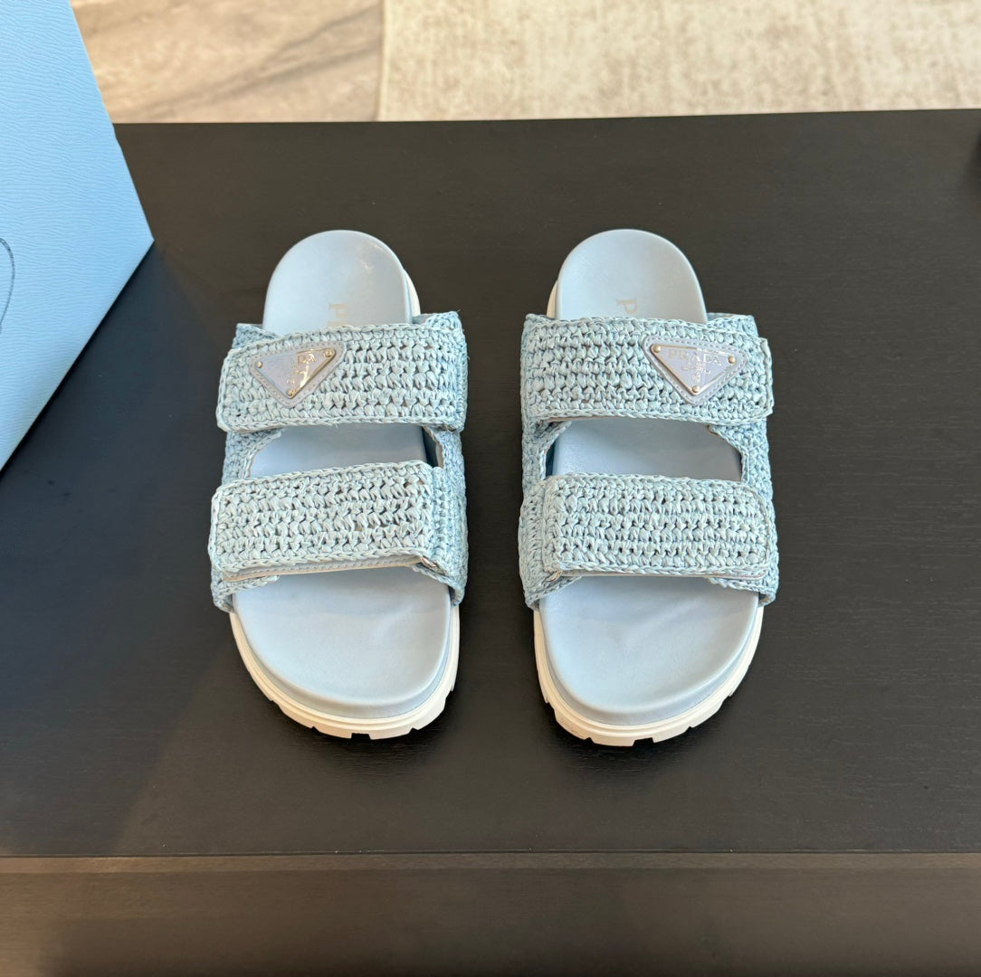 Luxury PradaRAFFIA CORK SLIDE SKY CALFSKIN