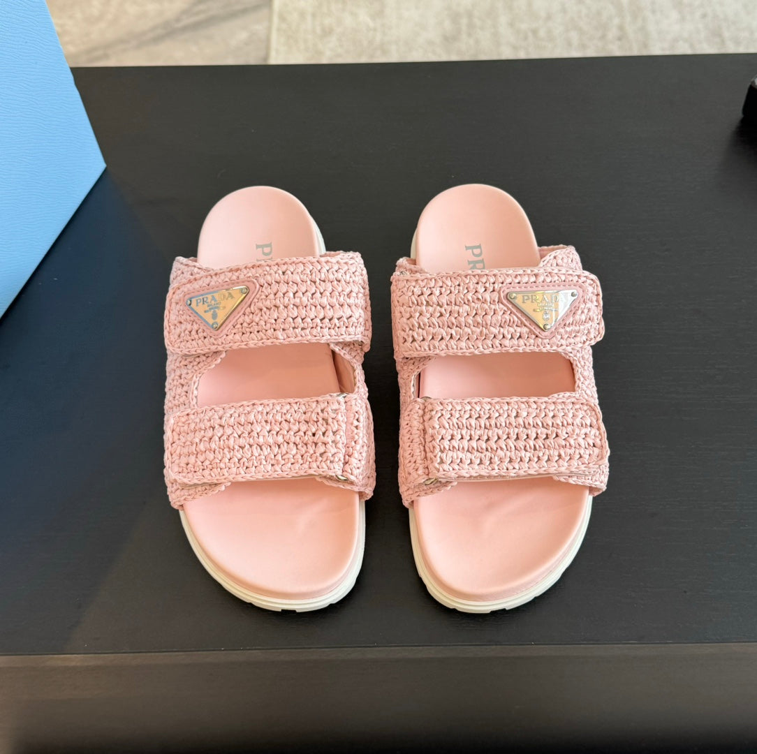 Luxury PradaRAFFIA CORK SLIDE LIGHT PINK CALFSKIN