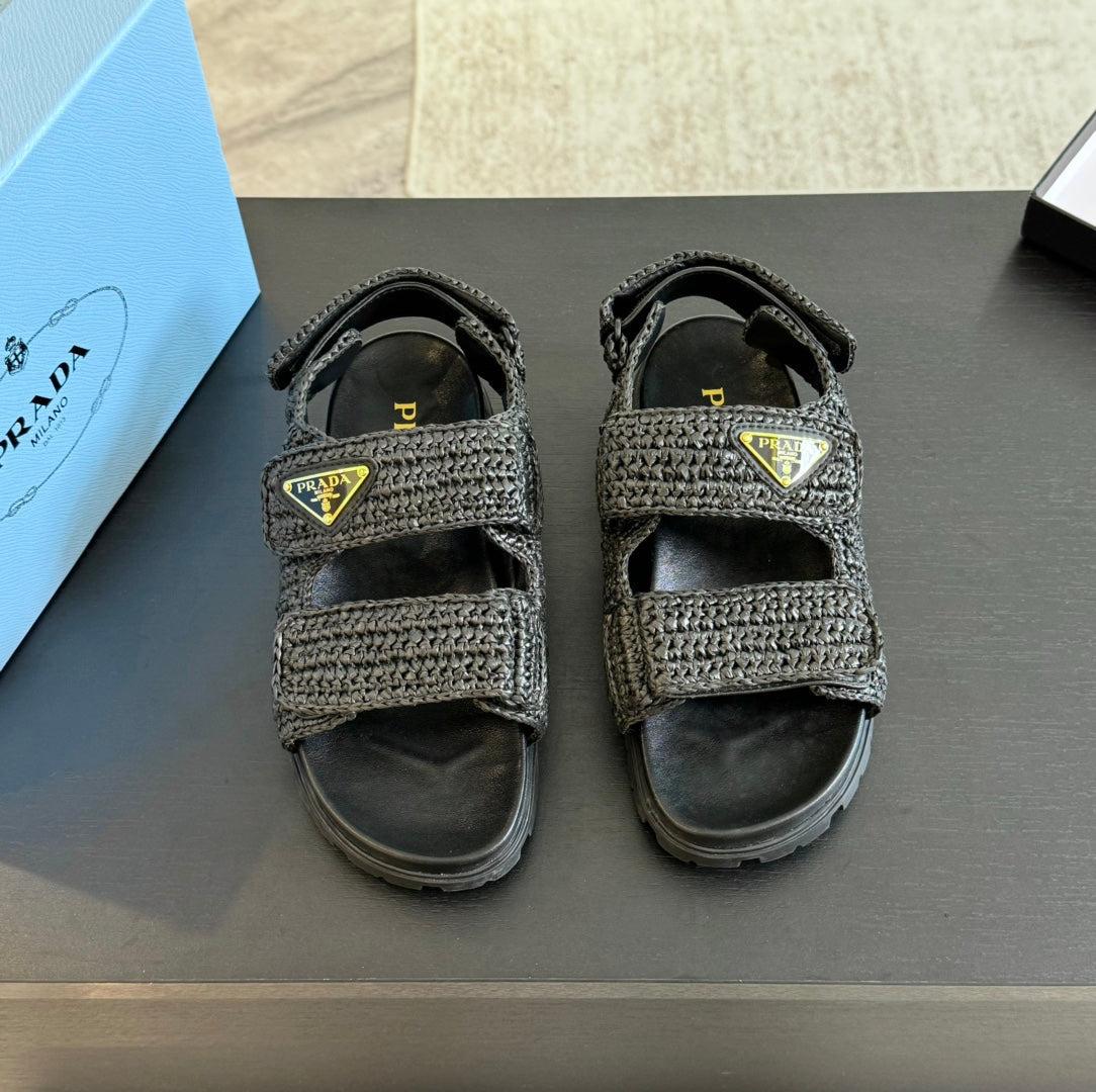 Luxury PradaCROCHET SANDALS BLACK CALFSKIN