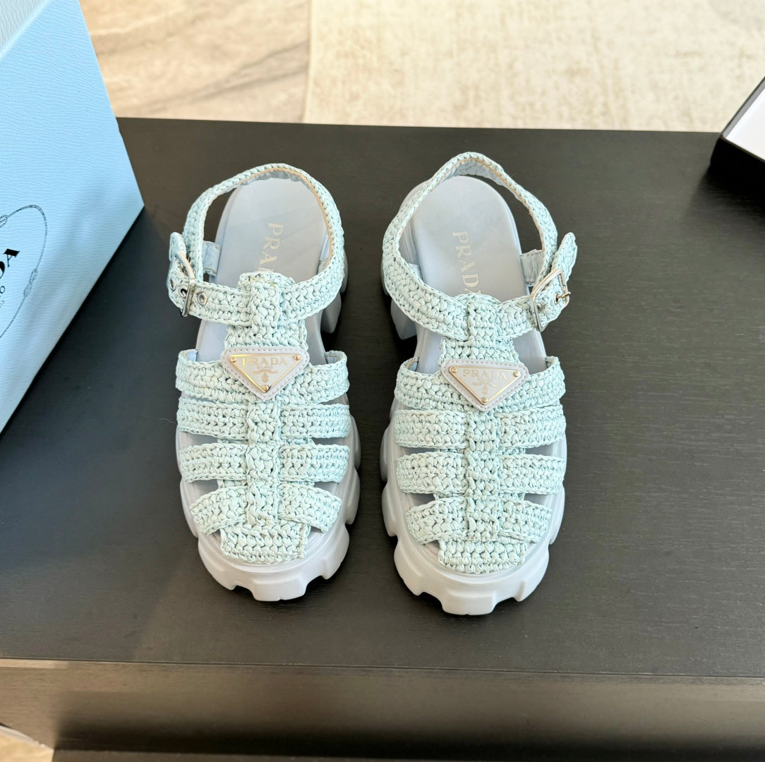 Luxury PradaMONOLITH CROCHET CAGE SANDALS PASTEL BLUE LAMBSKIN