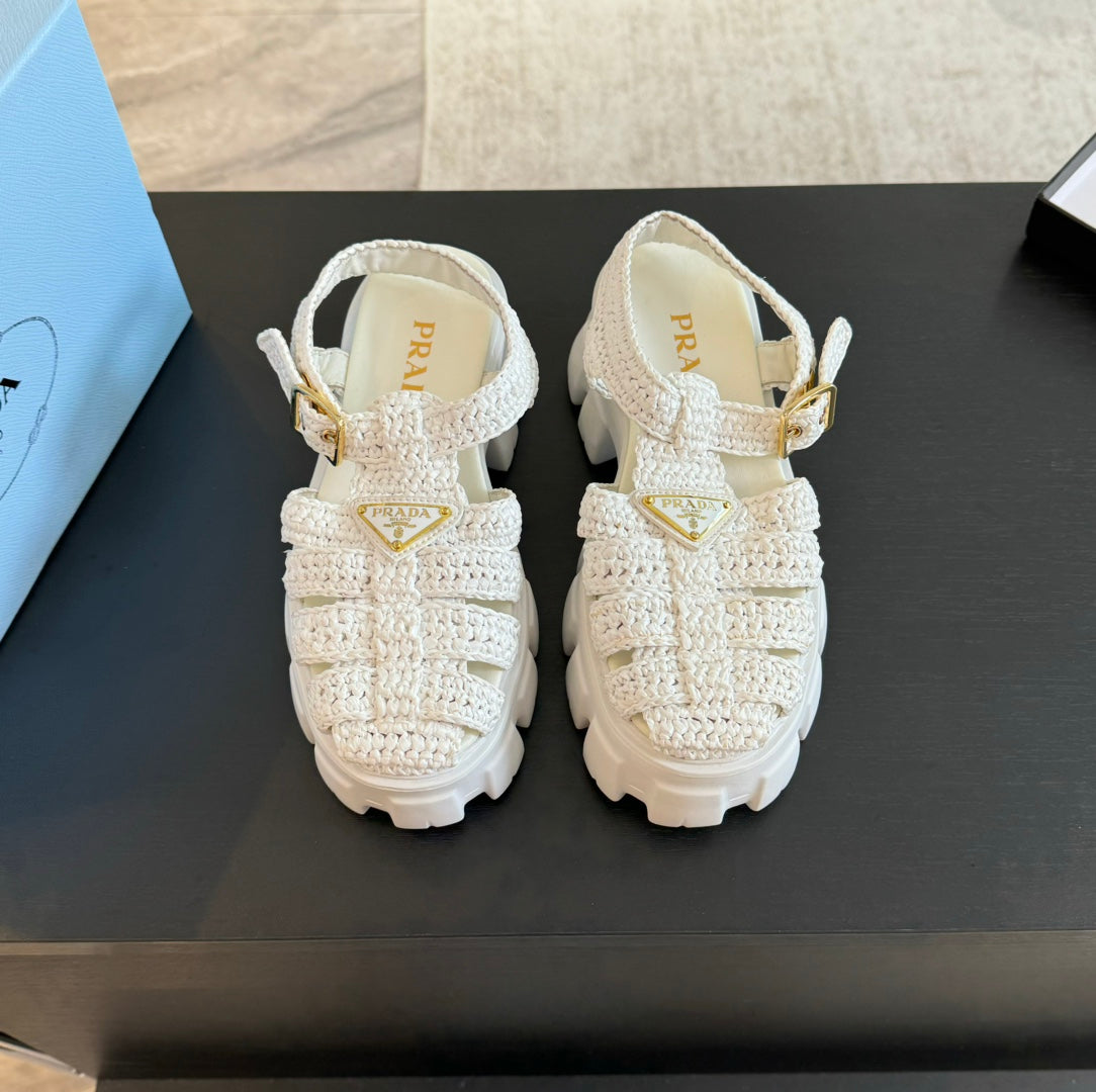 Luxury PradaMONOLITH CROCHET CAGE SANDALS WHITE LAMBSKIN