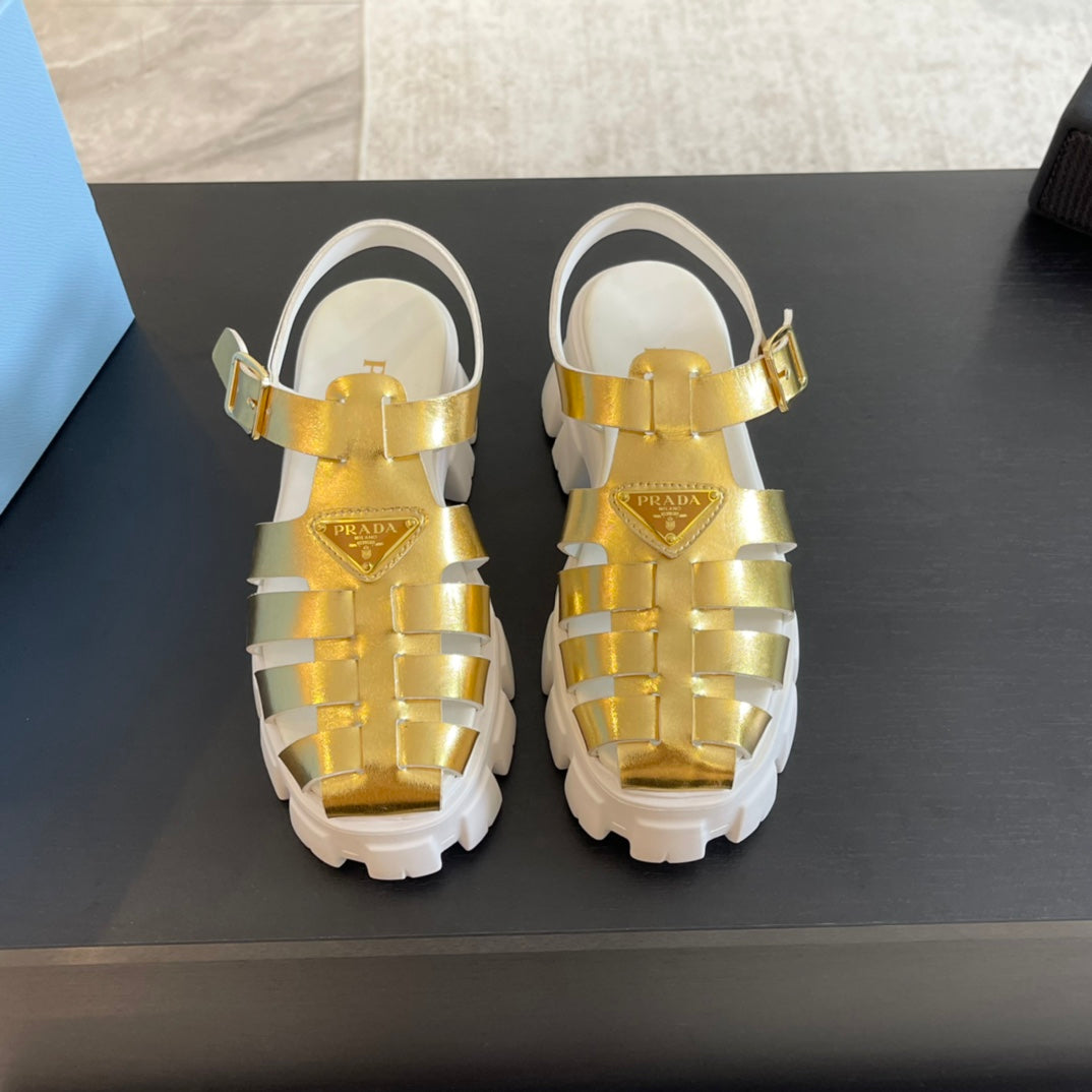 Luxury PradaRUBBER MONOLITH SANDALS METALLIC GOLD CALFSKIN