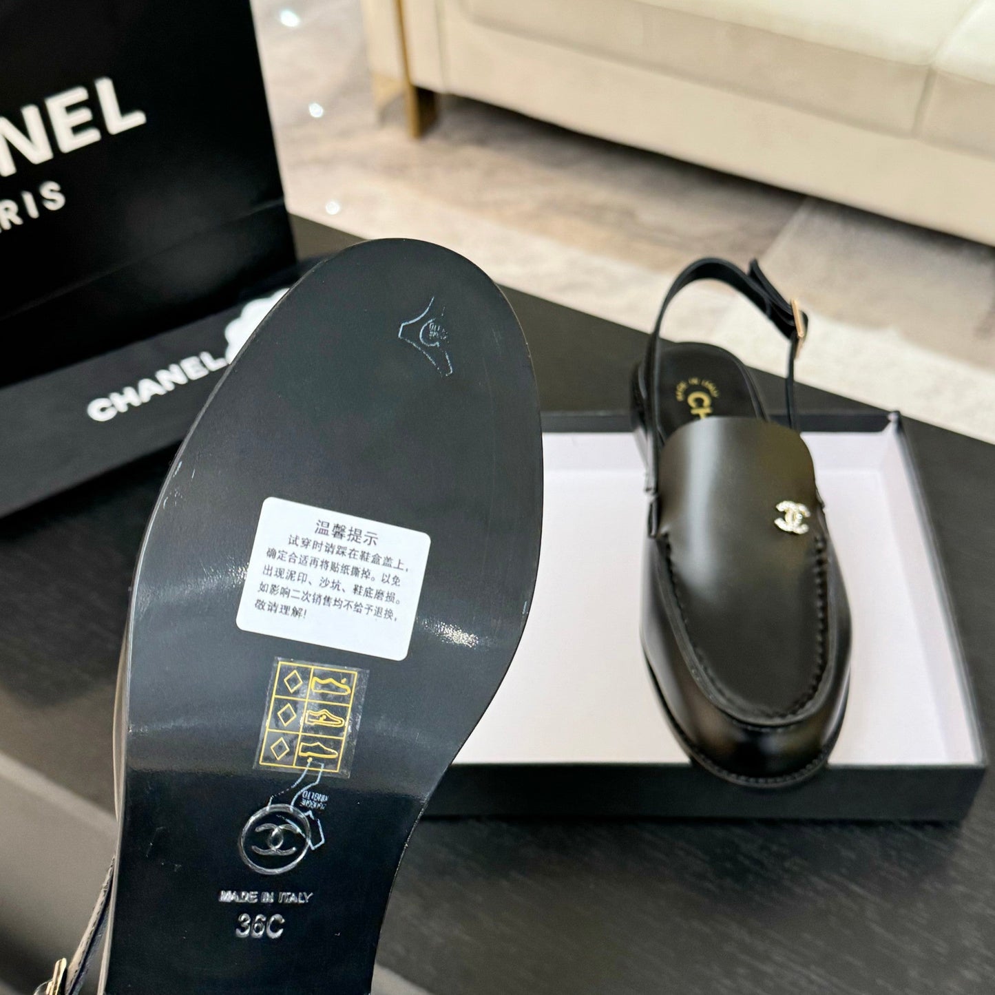 Luxury Chanel 25C Slingback Loafer Black Patent Leather