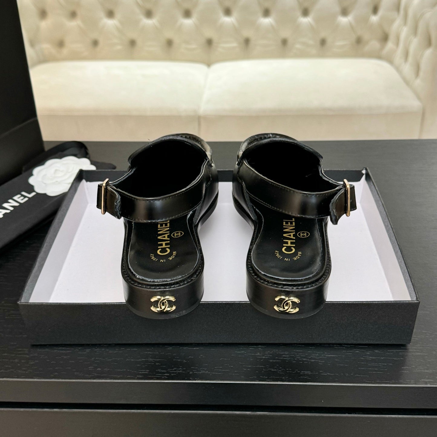 Luxury Chanel 25C Slingback Loafer Black Patent Leather