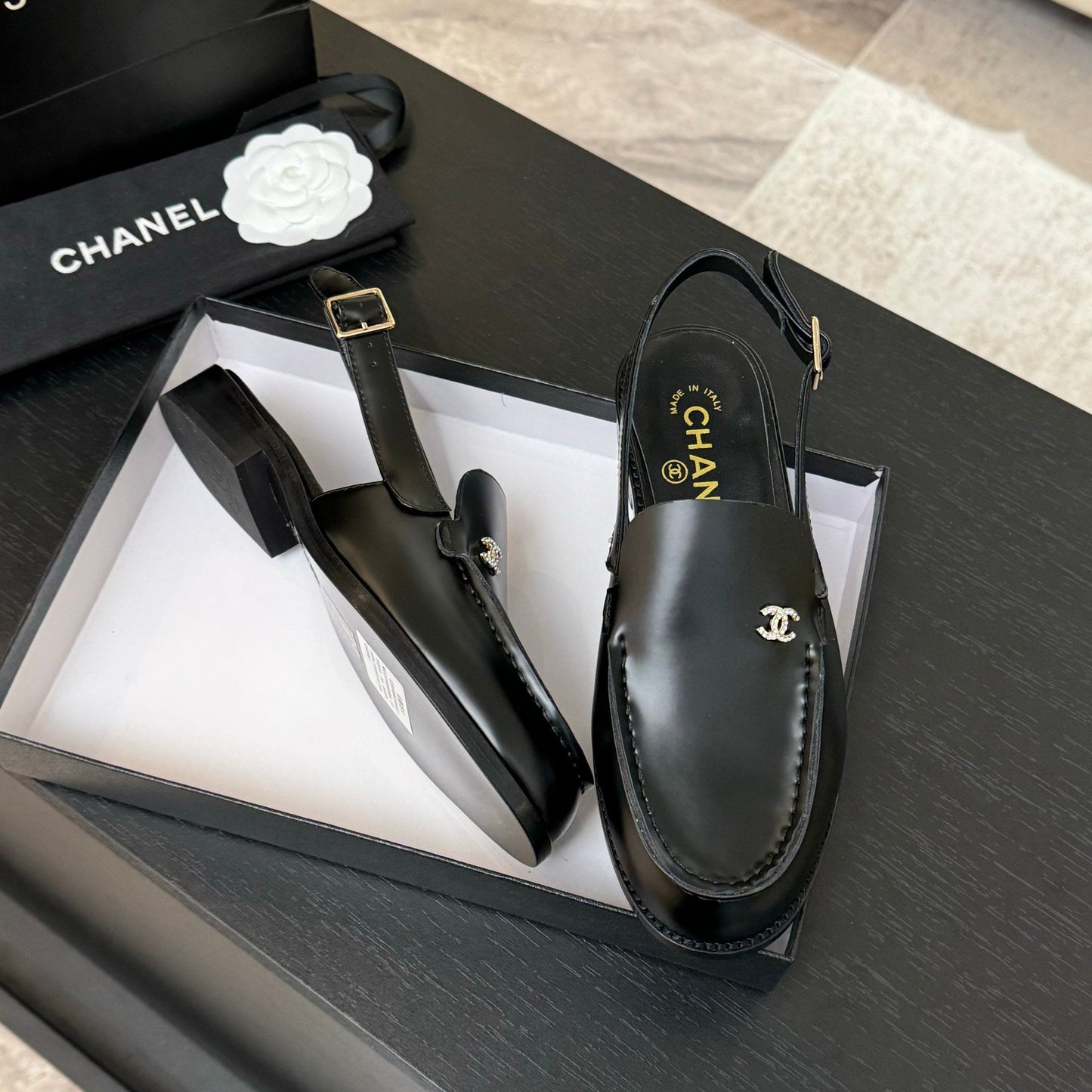 Luxury Chanel 25C Slingback Loafer Black Patent Leather
