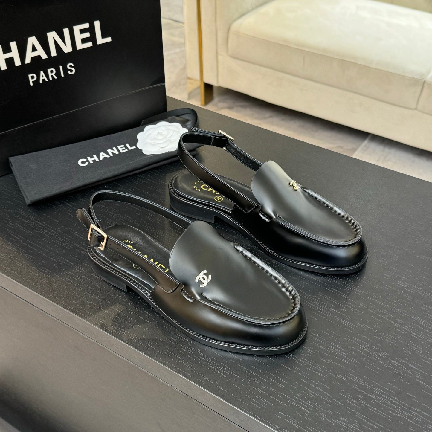 Luxury Chanel 25C Slingback Loafer Black Patent Leather