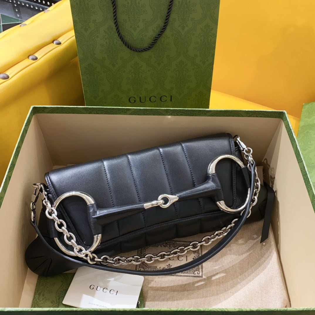 Luxury Gucci HORSEBIT CHAIN HANDBAG 38 IN BLACK CALFSKIN SILVER HARDWARE