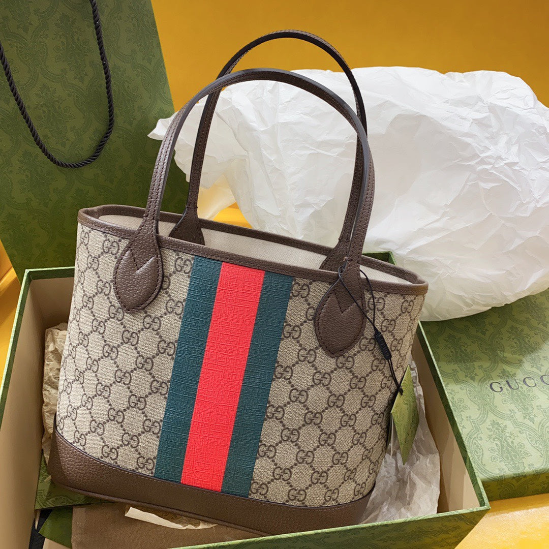 Luxury Gucci GG OPHIDIA SMALL 25 TOTE IN BEIGE AND EBONY CANVAS