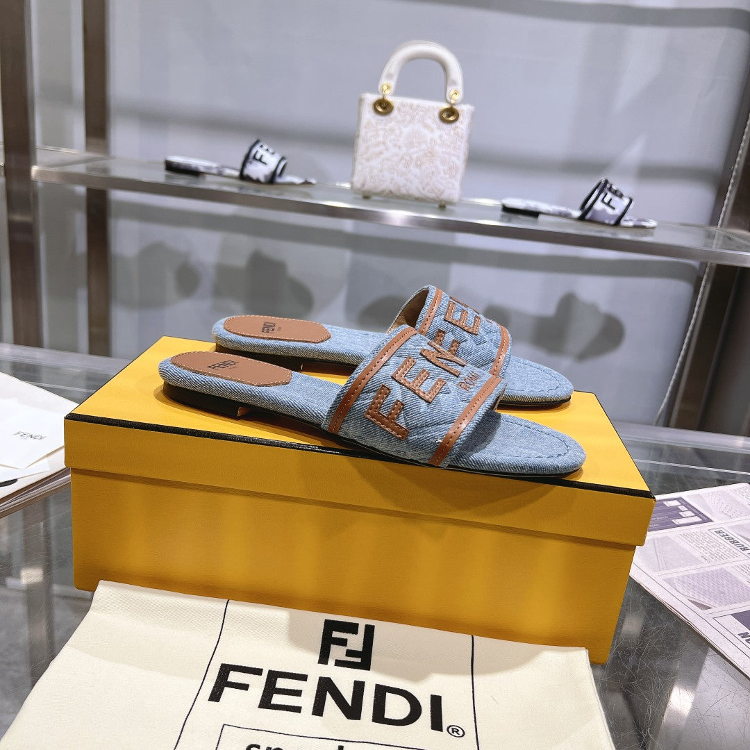 Luxury FendiFF Women Signature Slides Tan Denim Canvas Slide