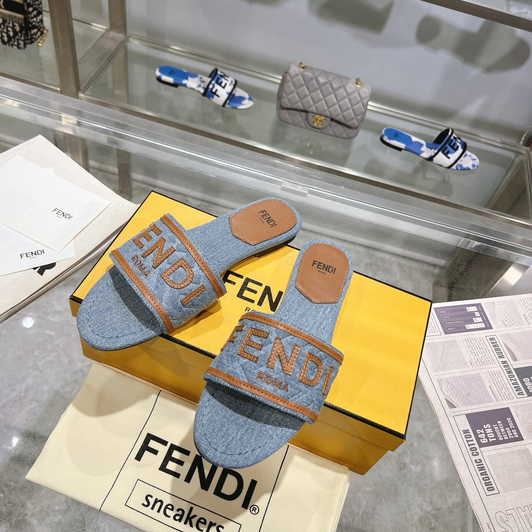 Luxury FendiFF Women Signature Slides Tan Denim Canvas Slide