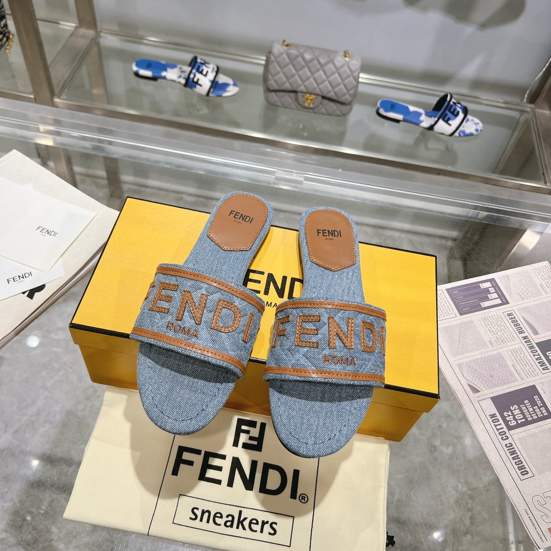 Luxury FendiFF Women Signature Slides Tan Denim Canvas Slide