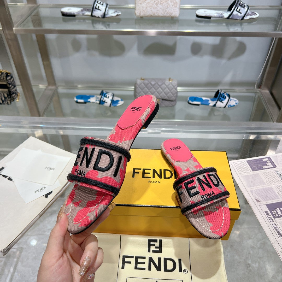 Luxury FendiFF Women Signature Slides Dark Pink Gray Canvas Slide