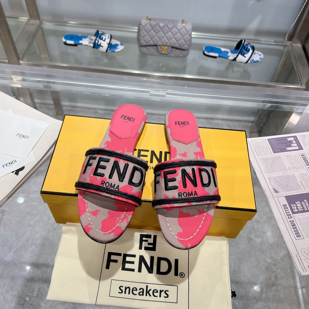 Luxury FendiFF Women Signature Slides Dark Pink Gray Canvas Slide