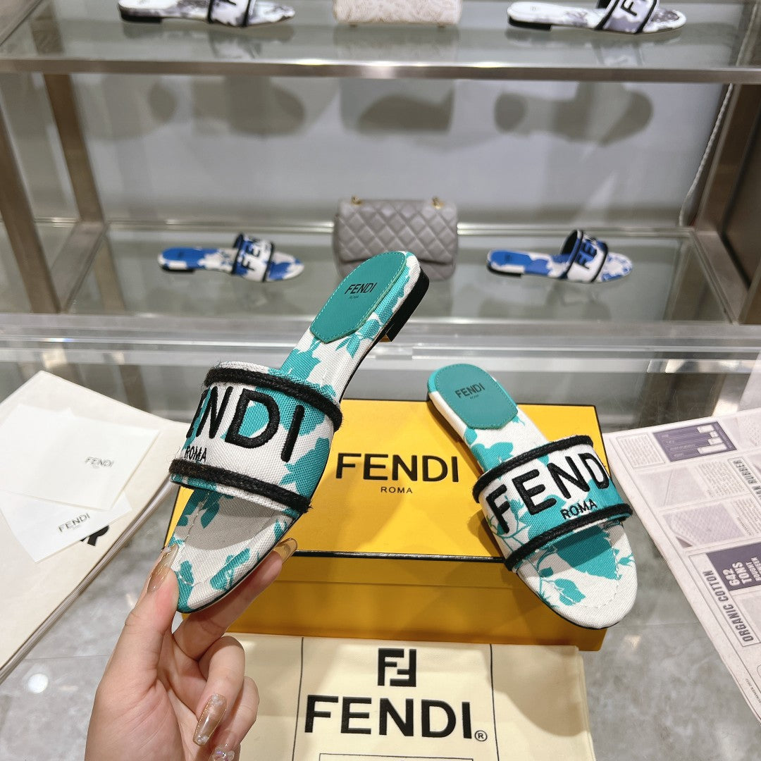 Luxury FendiFF Women Signature Slides Turquoise White Canvas Slide