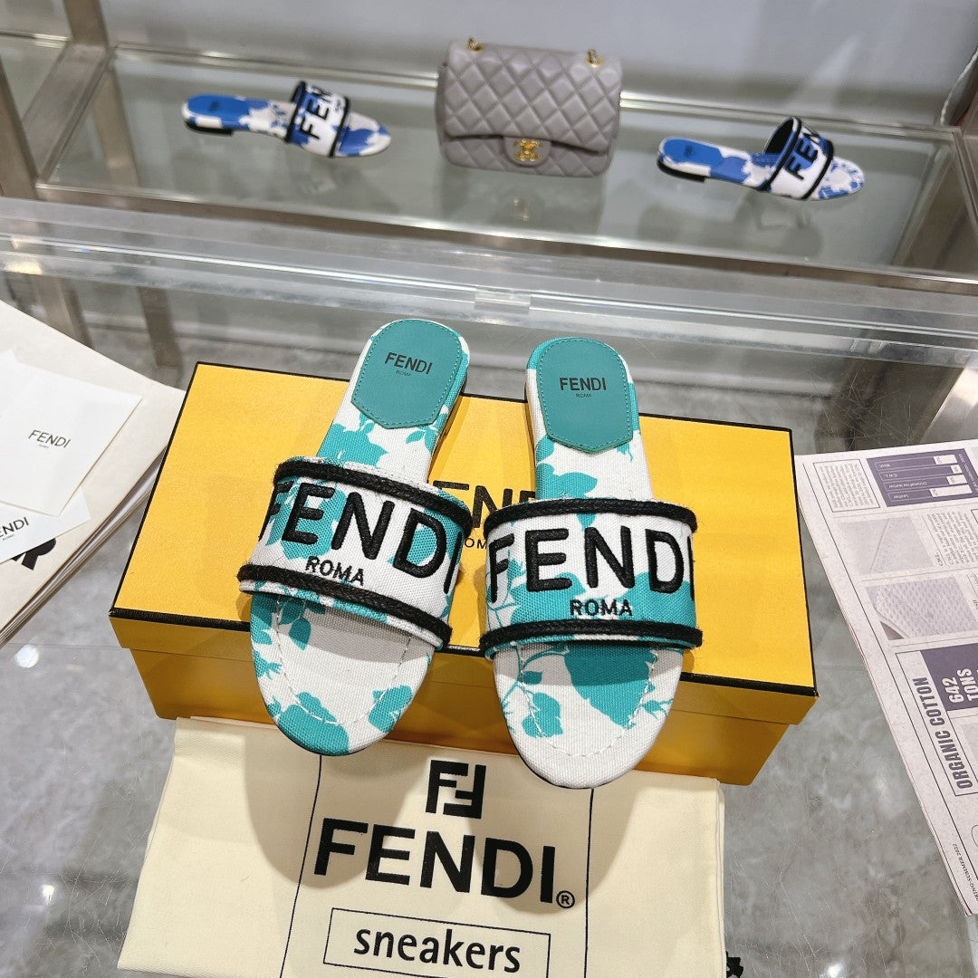 Luxury FendiFF Women Signature Slides Turquoise White Canvas Slide