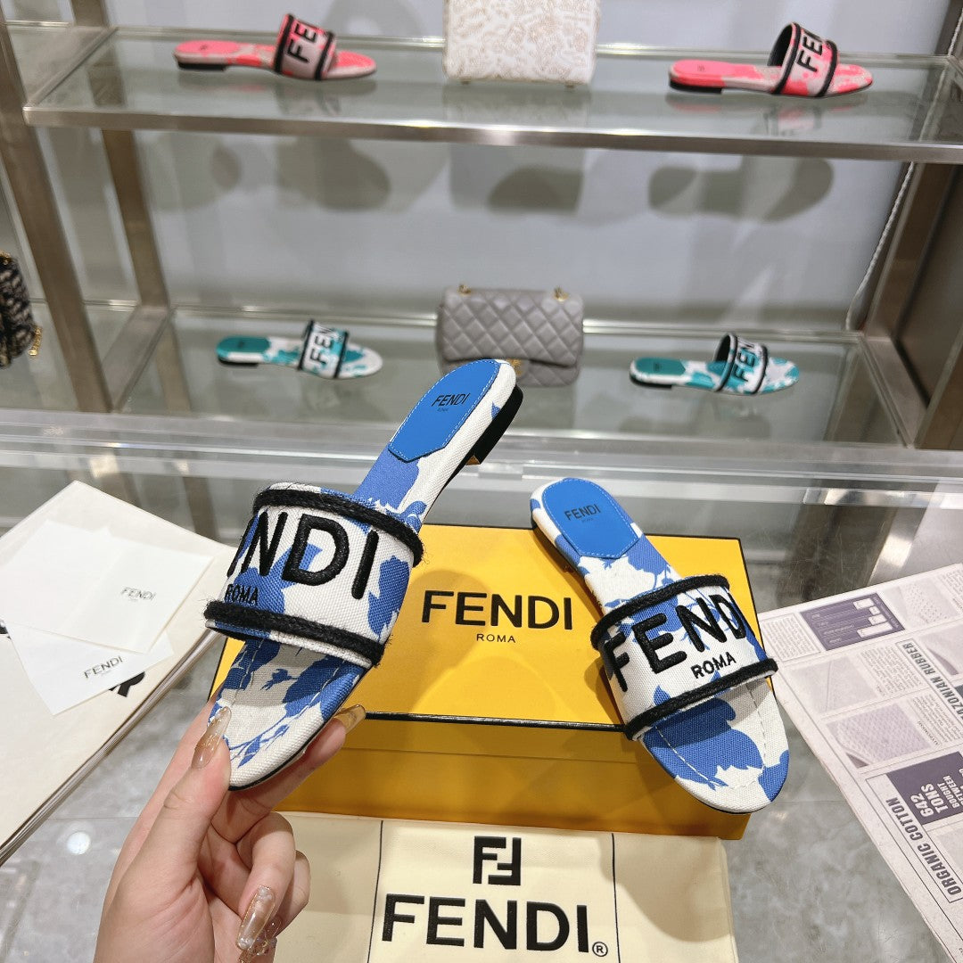Luxury FendiFF Women Signature Slides Blue White Canvas Slide