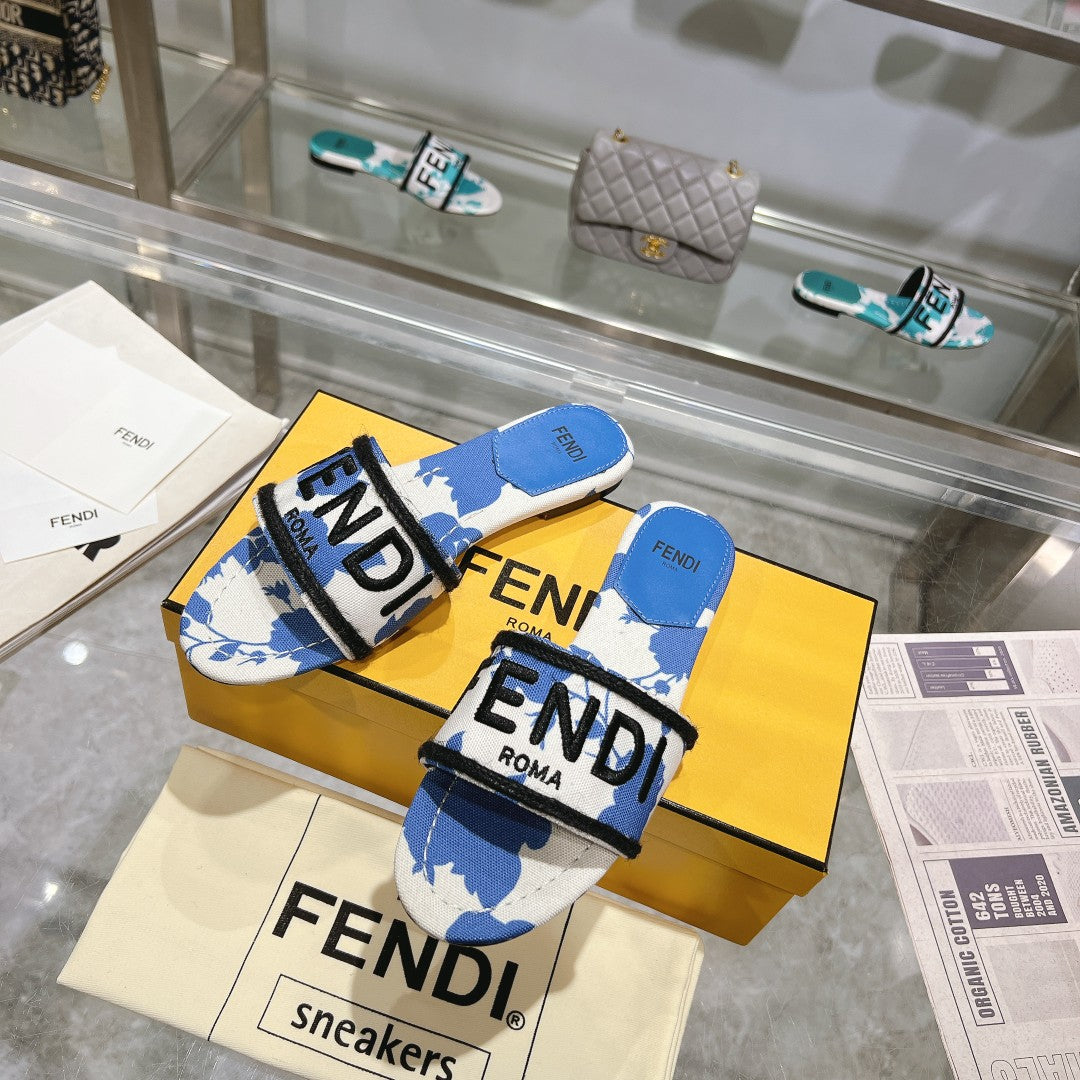 Luxury FendiFF Women Signature Slides Blue White Canvas Slide