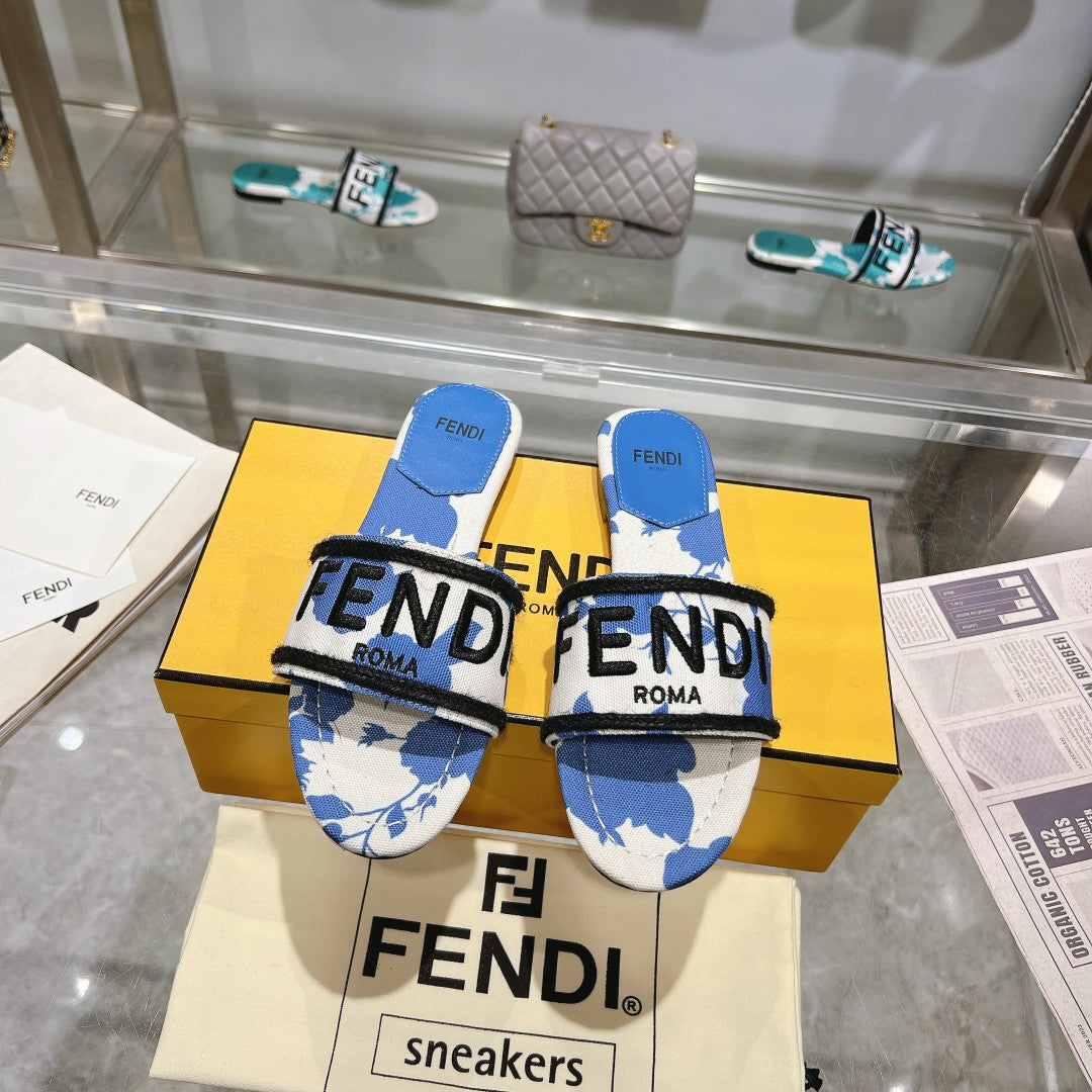 Luxury FendiFF Women Signature Slides Blue White Canvas Slide