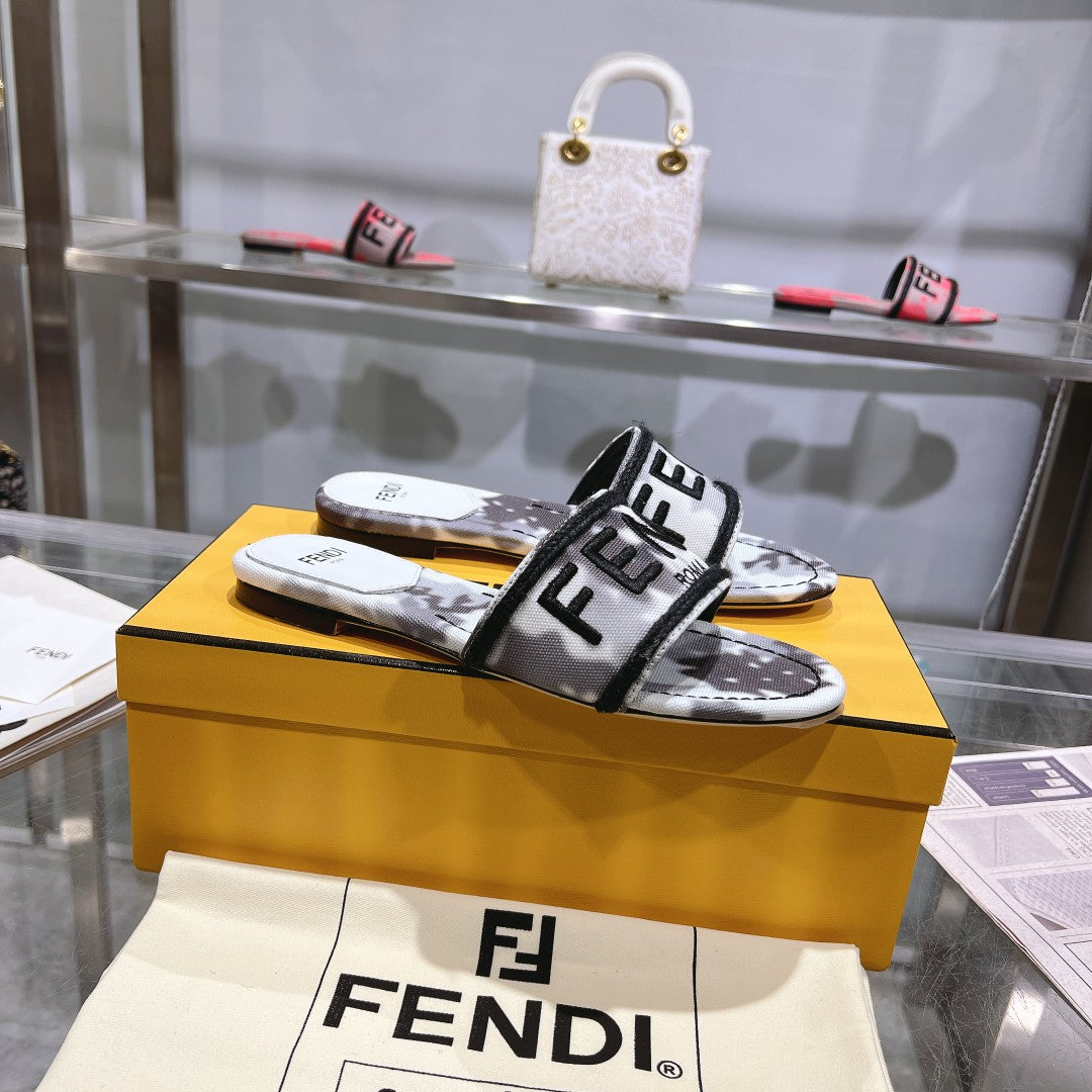 Luxury FendiFF Women Signature Slides Gray Canvas Slide