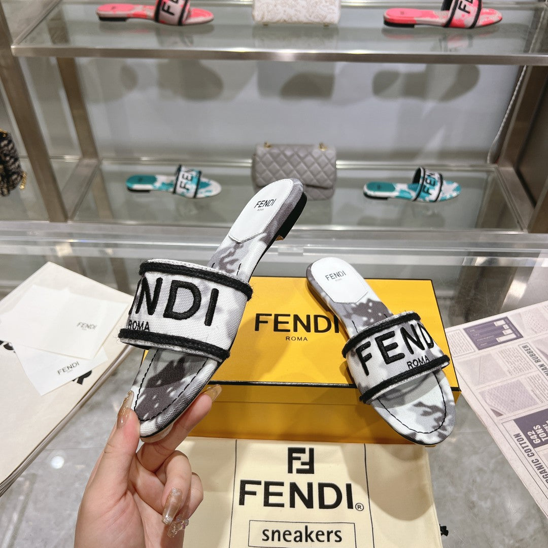 Luxury FendiFF Women Signature Slides Gray Canvas Slide