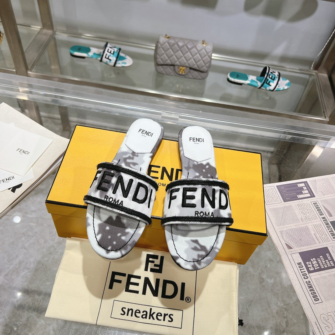 Luxury FendiFF Women Signature Slides Gray Canvas Slide