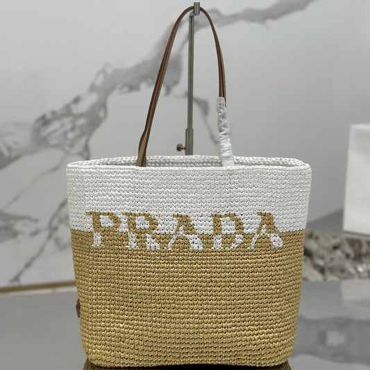 Luxury PradaSMALL TOTE BAG 27 IN WHITE MIX BEIGE RAFFIA AND BROWN CALFSKIN HANDLE