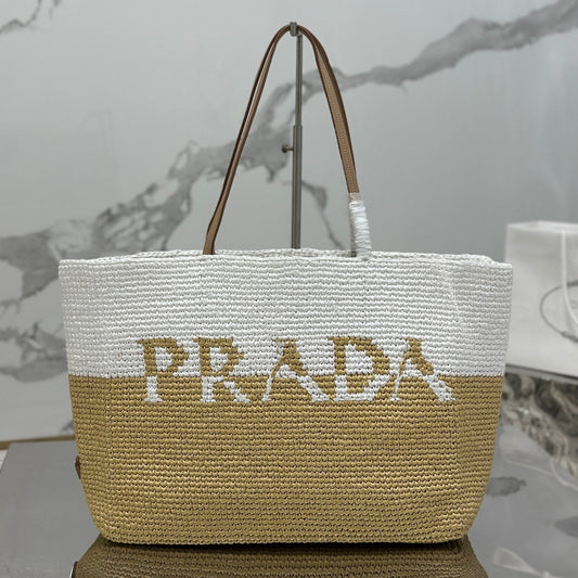 Luxury PradaLARGE TOTE BAG 37 IN WHITE MIX BEIGE RAFFIA AND BROWN CALFSKIN HANDLE