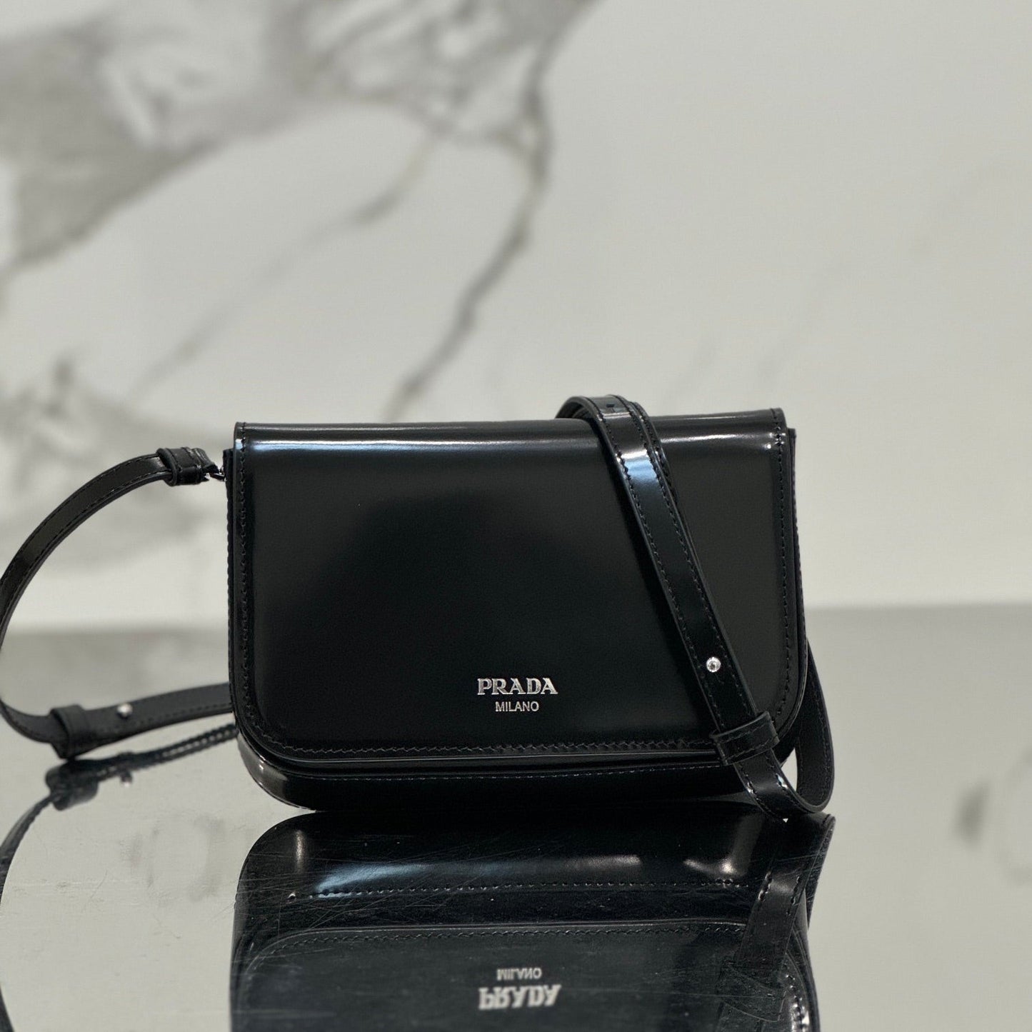 Luxury PradaFLAP BAG 18 IN BLACK SHINY CALFSKIN