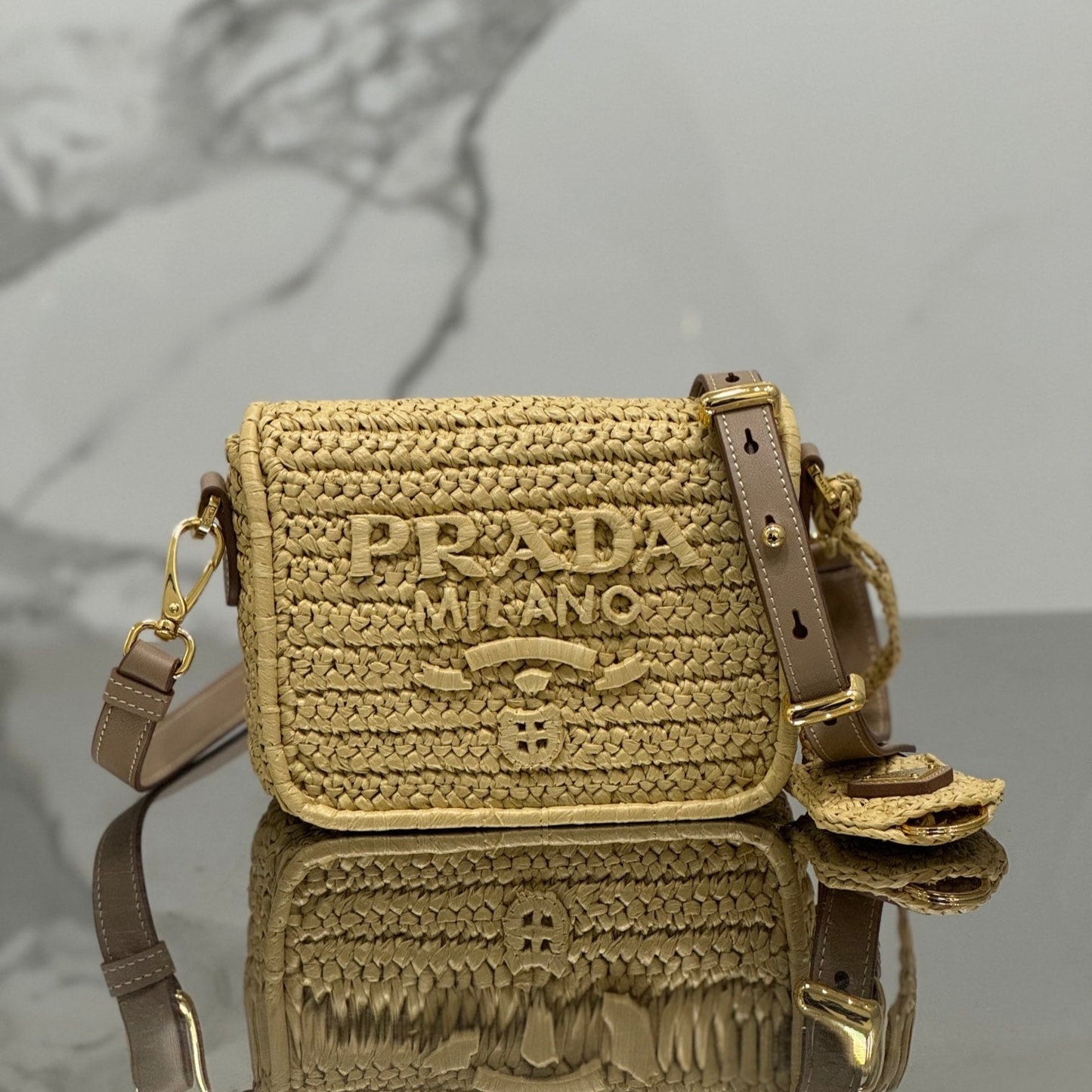 Luxury PradaWOVEN SMALL FLAP BAG 16 IN BEIGE RAFFIA GOLD HARDWARE