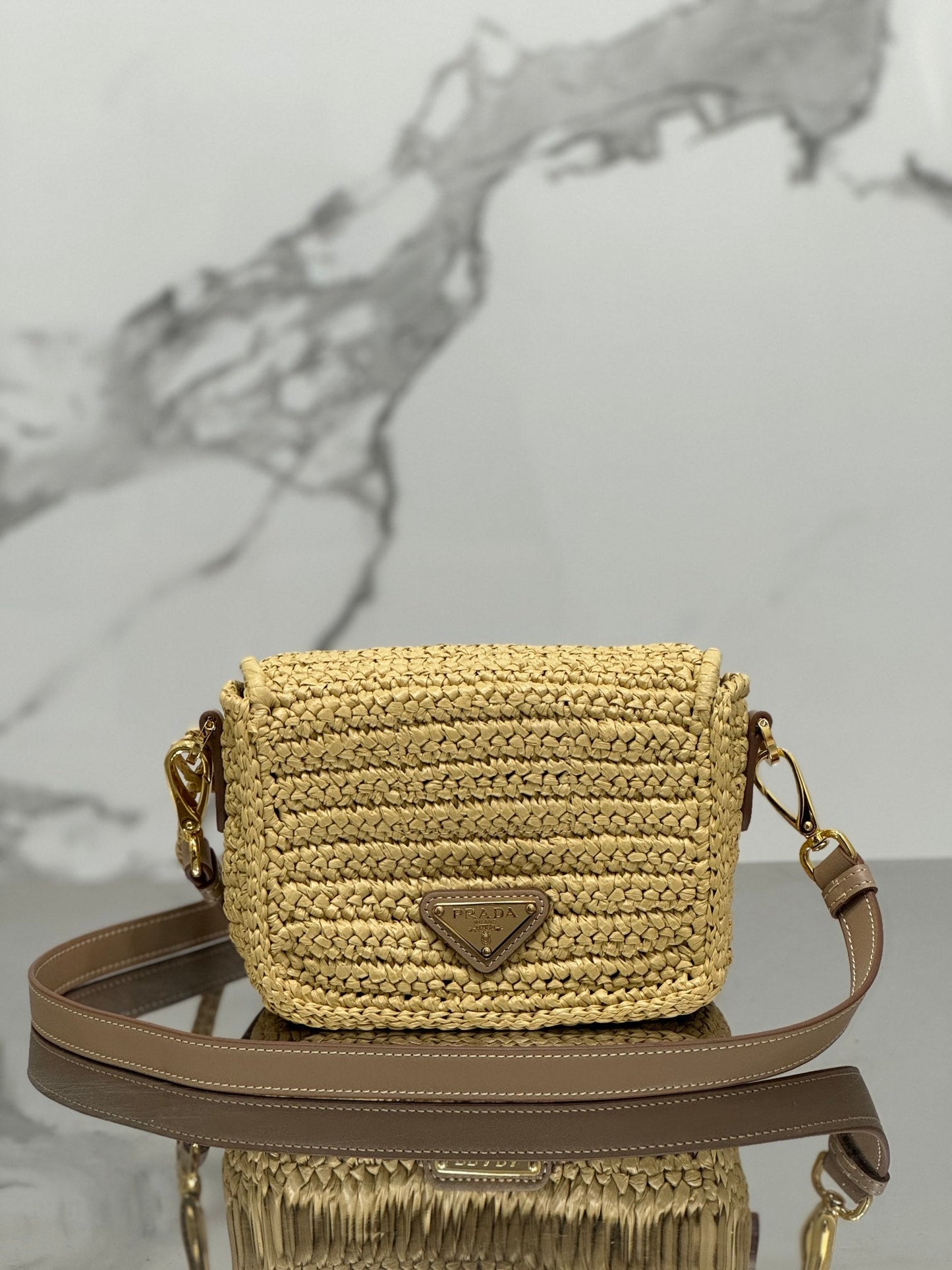 Luxury PradaWOVEN SMALL FLAP BAG 16 IN BEIGE RAFFIA GOLD HARDWARE