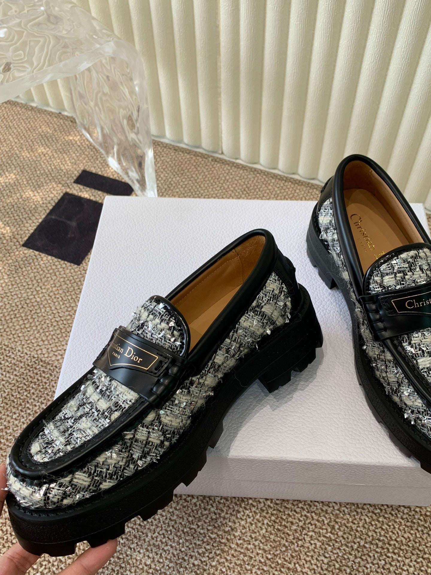 Luxury DiorBoy Platform Loafer In Black Mix White Tweed Fabric And Cowhide 113485