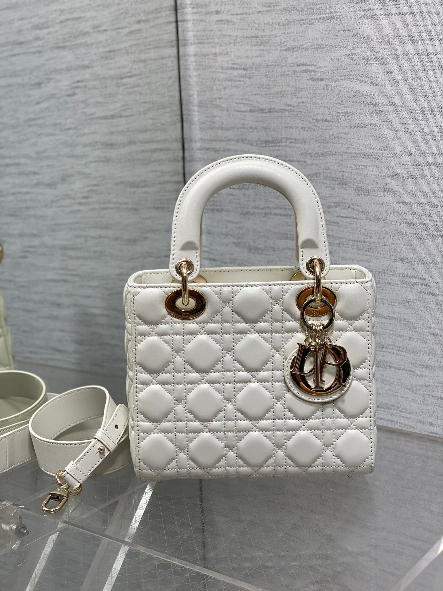 Luxury DiorLady Bag 20cm White Lambskin Light Gold Hardware