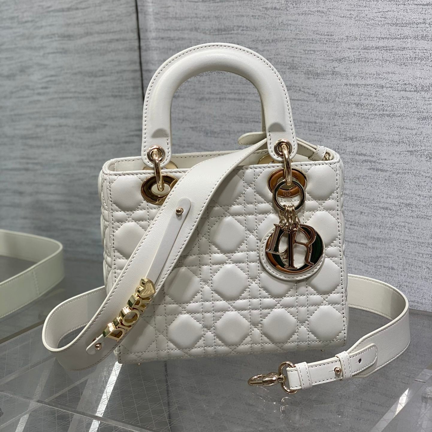 Luxury DiorLady Bag 20cm White Lambskin Light Gold Hardware