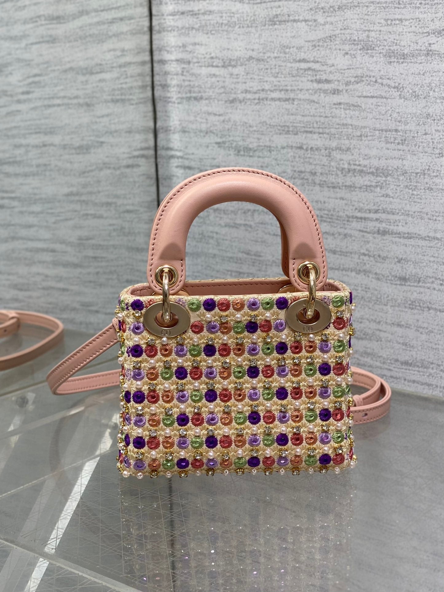 Luxury DiorLady Micro Bag 10cm Pink Lambskin Gold Fabric