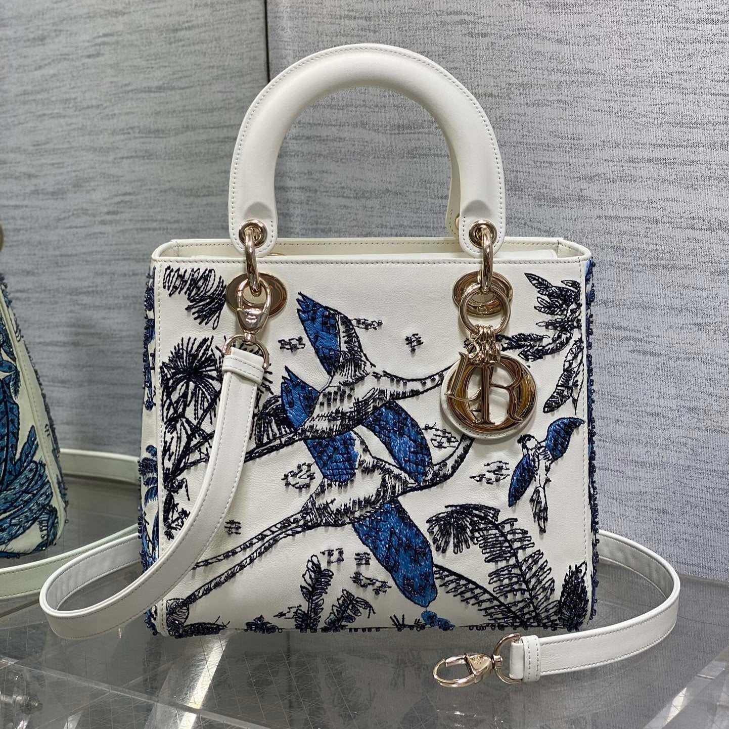 Luxury DiorLady Bag 20cm White Calfskin Blue Black Embroidery