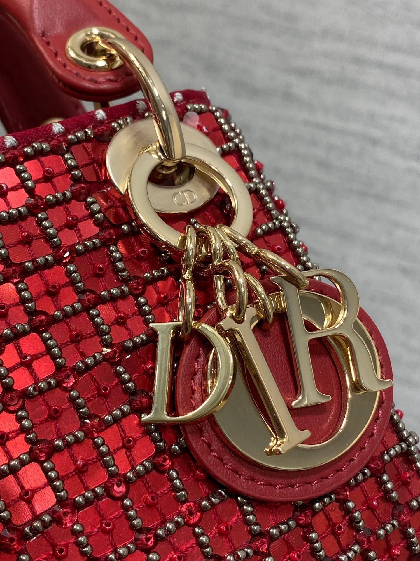 Luxury DiorLady Micro Bag 10cm Red Fabric Embelished Bead